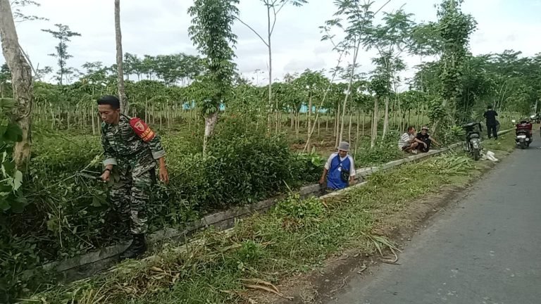Gotong Royong, Babinsa Karanglo Bersama Warga Kerja Bakti Bersihkan Selokan