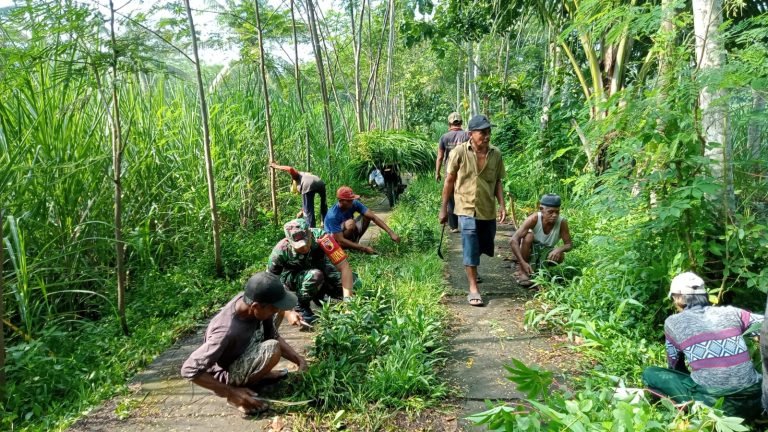 Peduli Lingkungan, Babinsa Tegalbangsri Bersama Warga Gotong Royong Bersihkan Jalan Dusun
