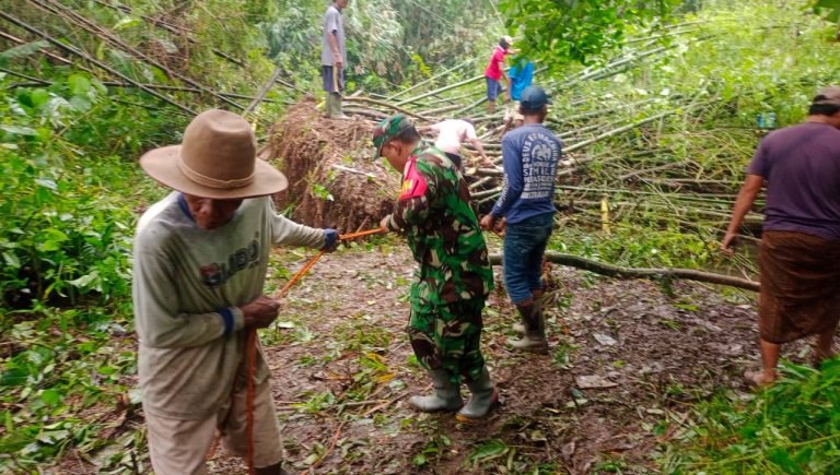 Mencegah Banjir Babinsa dan Warga Sukosari, Bersihkan Rumpun Bambu Roboh di Aliran Sungai