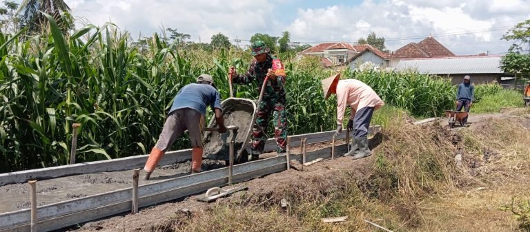 Gotong Royong Tingkatkan Infrastruktur, Babinsa Sememu Bersama Warga Bangun Jalan Rabat Beton Menuju Persawahan