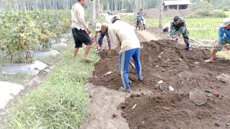 Perkuat Kemanunggalan, Babinsa dan Warga Tumpeng Barat Kerja Bakti Perbaiki Jalan