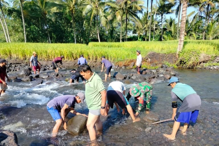 Bersama Babinsa, Warga Desa Sumberrejo Tata Ulang Batu Sungai untuk Lindungi Bantaran